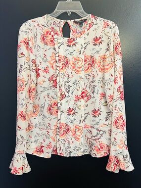 Banana Republic White Floral Print V-Neck Blouse with Pink & Coral Accents